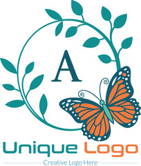 Elegant monogram a logo with a butterfly and floral wreath design symbolizing nature beauty and growth isolated on transparent background