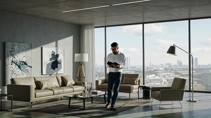 Modern apartment with man reading book by large window - Powered by Adobe