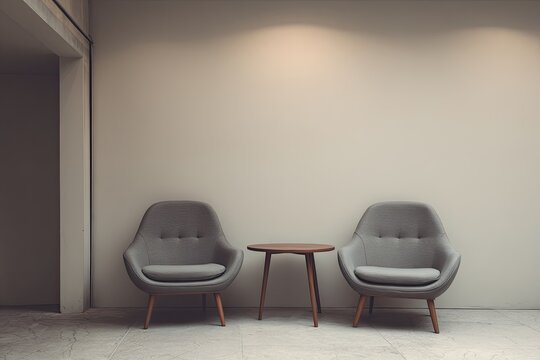 Two gray armchairs flank a small round wooden table against a minimalist beige wall in a spacious, subtly lit room - Powered by Adobe