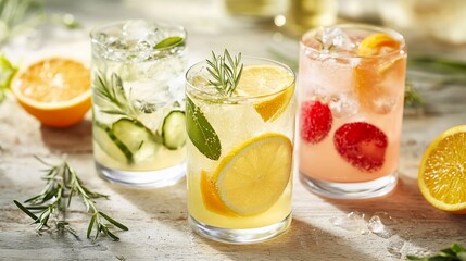 Fototapeta premium Refreshing summer cocktails with fruits and herbs on rustic wooden surface