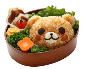Cute bento box with rice bear carrot flower broccoli lettuce egg tomato and cheese arranged in playful and cheerful style perfect for children or lunch inspiration