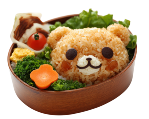 Cute bento box with rice bear carrot flower broccoli lettuce egg tomato and cheese arranged in playful and cheerful style perfect for children or lunch inspiration
