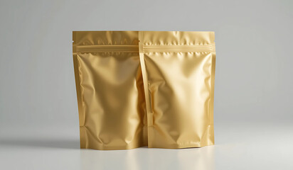 Two blank gold stand-up pouches on a white background. Perfect for packaging mockups and showcasing your product designs.