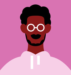 Modern portrait, abstract black man in glasses and hoodie. Stylish African-American male character with beard, eyeglasses, face avatar. Person on trendy minimal style poster. Flat vector illustration