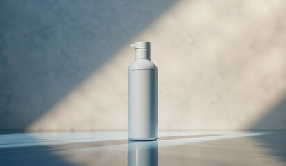 Blank white bottle mockup on a reflective surface. Clean, minimalist design, perfect for showcasing your product label.