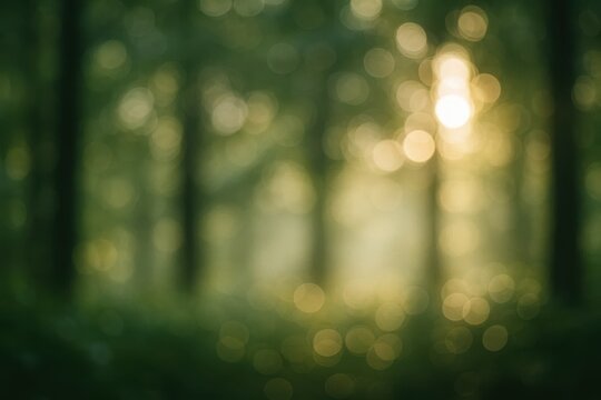 Enchanting forest scene with soft focus and warm sunlight filtering through the trees, creating a beautiful natural bokeh background.