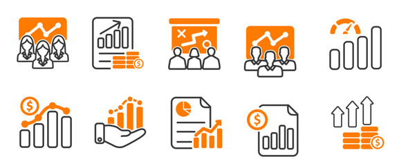  business icons as business growth, business progress, cost statement in orange color Pro Vector