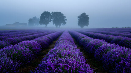 misty morning in a lavender field with rows of purple flowers stretching to the horizon beneath a pale blue sky in a soft fragrant and tranquil scene