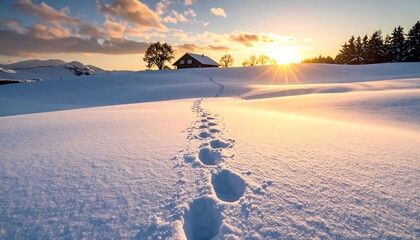 Winter sunset footprints on snow
