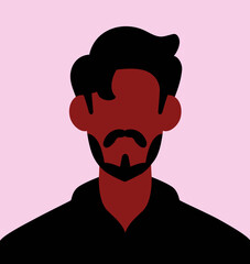 Abstract portrait, faceless black man. Modern minimalistic style poster, male character, blank face avatar, head, user profile Indian person with beard, mustache. Flat vector illustration