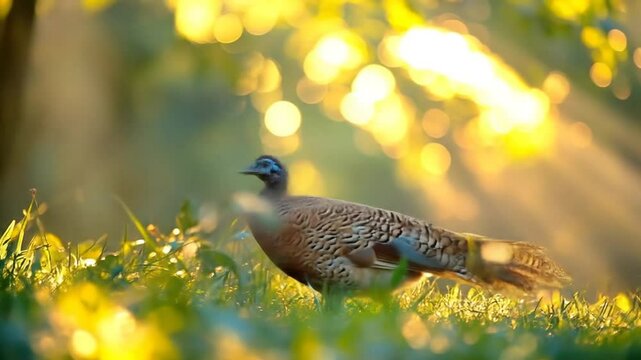 Female Reeves Pheasant Walking Through Sunlit Grass in a Natural Habitat Video