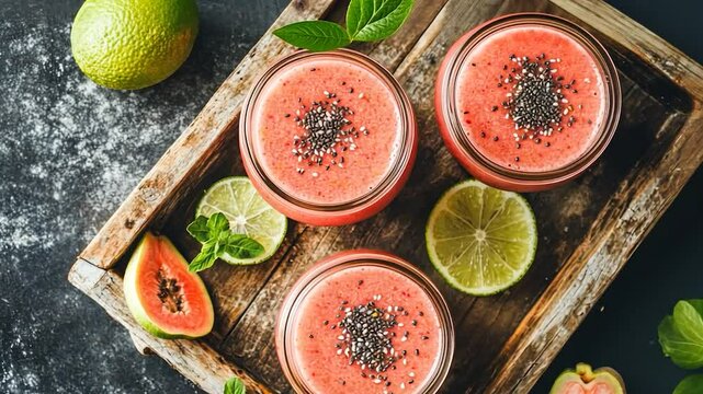 Pink smoothie in mason jars with guava and lime