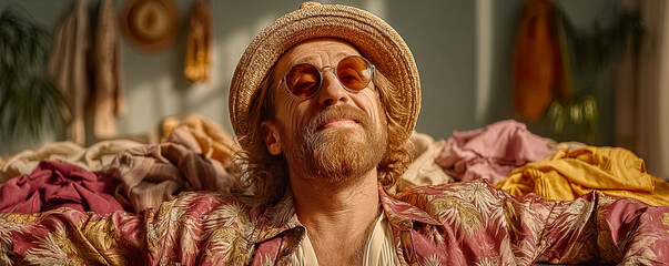 Bohemian-style man wearing a straw hat and sunglasses smiling among suitcases and piles of clothes in a room Generated with AI