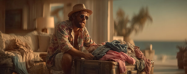 Man with straw hat and floral shirt reviewing clothes in open suitcase on bed Generated with AI