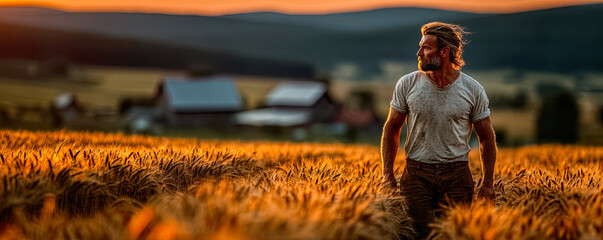 Bearded farmer walking through wheat field at sunset contemplating serene rural landscape Generated with AI
