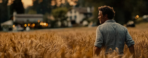 Elderly man from behind in wheat field illuminated by soft light at a serene sunset Generated with AI