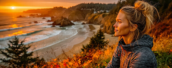 Woman in close-up wearing hood contemplates beach and sea horizon under golden sunset light Generated with AI