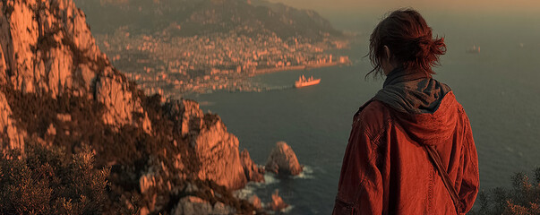 Traveler wearing jacket views bay with cliffs and boats from a lookout at a serene golden sunset Generated with AI