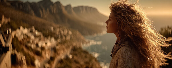 Woman sitting on rocky ledge by the sea observing her golden reflection at a contemplative sunset Generated with AI
