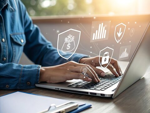 Person typing on laptop with digital security and financial data icons overlayed