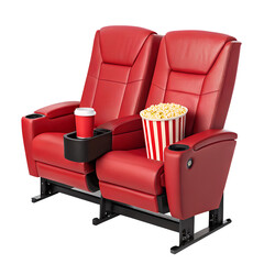 Fototapeta premium A pair of modern, luxurious cinema seats, upholstered in a vibrant red leather. The seats are designed for comfort, featuring plush cushioning and armrests.