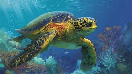 Obraz premium A vibrant sea turtle swims gracefully through a colorful coral reef, surrounded by marine life and illuminated by sunlight streaming through the water