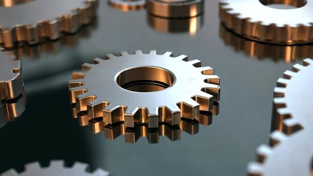 Interlocked metallic gears reflecting on dark surface