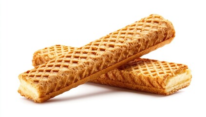 Two golden-brown waffle biscuits, crisscrossed, showcasing a creamy filling partially visible at the ends, isolated on a white background