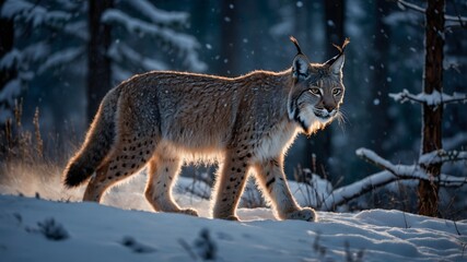 Obraz premium Lince europeo iluminado en bosque nevado al atardecer 