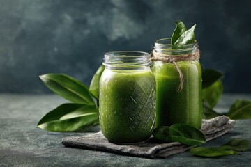 Two mason jars filled with vibrant green smoothies, garnished with leaves, rest on a dark grey textured surface