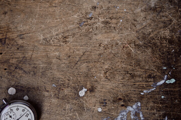 copy space, Clock time stop watch ticking on a 5 seconds. Half of Clock dial close-up isolated.  vintage textured wood background with Mechanical stopwatch vintage collection