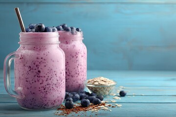 Two mason jars filled with vibrant purple blueberry smoothies, garnished with fresh blueberries and chia seeds, sit on a teal wooden surface alongside a small bowl of oats and scattered berries