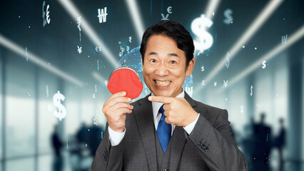 財布を持って喜ぶ男性と金融市場イメージ