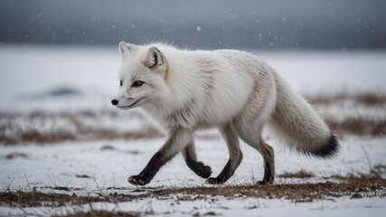 Naklejka premium Zorro ártico caminando en la tundra nevada 