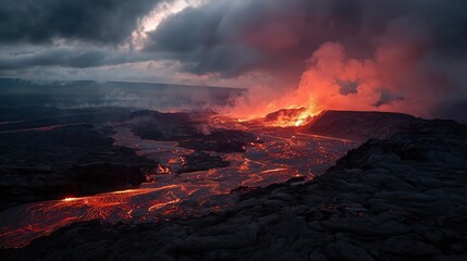 Fiery lava flows across dark volcanic landscape under dramatic stormy skies