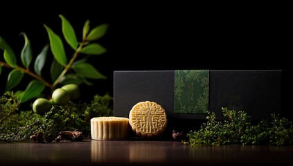 Two pale mooncakes rest on a dark surface before a black box, nestled amongst greenery and small stones, set against a black background