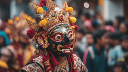 Fierce Red-Faced Demon Mask Worn by Performer at Indra Jatra Festival in Nepalese Cultural Parade