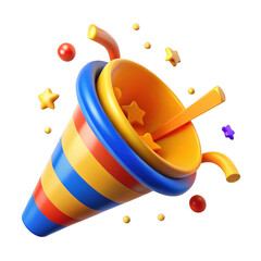 Colorful party popper exploding with stars and confetti isolated on transparent background