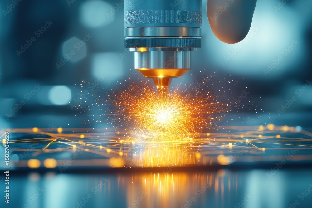 Poster engineer technician hologram concept. laser technology creating sparks on a surface with a hand guid
