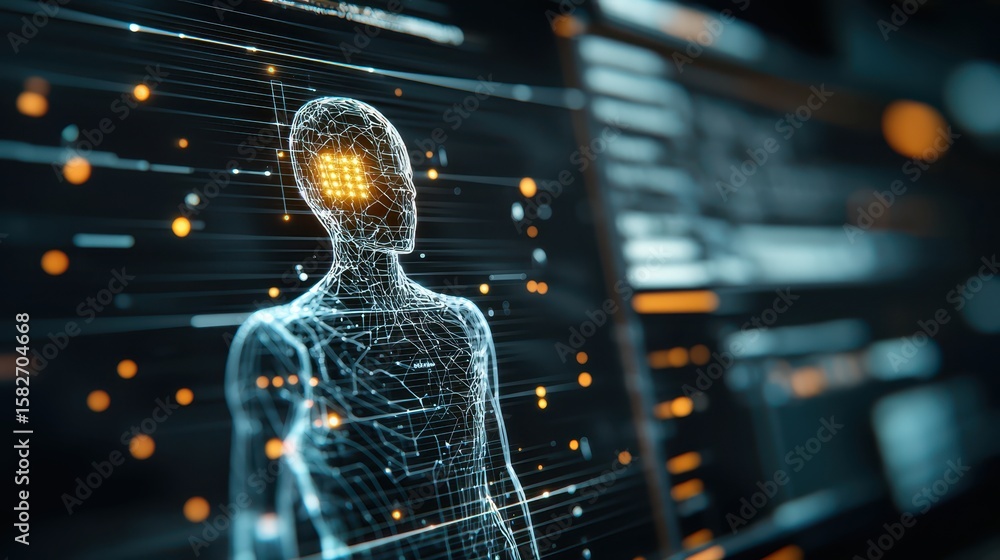 Aufkleber engineer technician hologram concept. digital representation of a human figure amidst glowing data p