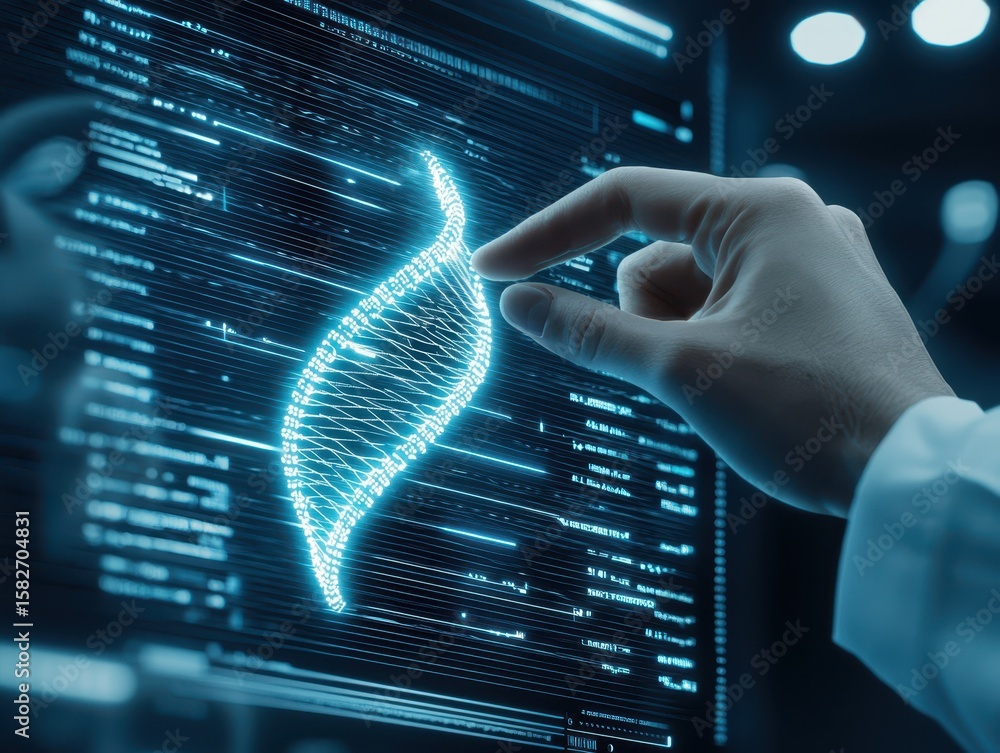 Poster engineer technician hologram concept. futuristic hand interacting with a digital holographic interfa