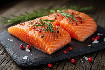 Two raw salmon fillets seasoned with herbs, peppercorns, and salt, rest on a dark slate slab atop a rustic wooden surface