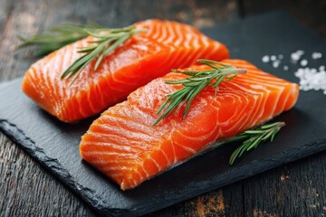 Two raw salmon fillets, skin-on, rest on a dark slate board, garnished with fresh rosemary sprigs and coarse sea salt.  Rich, vibrant orange hue