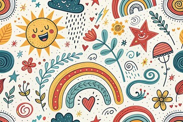 Naklejka premium Whimsical Doodle Pattern with Sun Rainbow Flowers and Stars