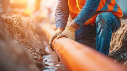 A construction worker wearing gloves and a safety vest installs an orange pipe in a trench at a worksite