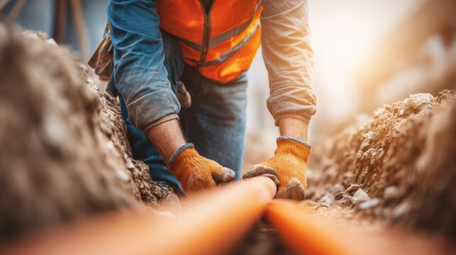 A worker in safety gear installs orange utility pipes in a trench, surrounded by dirt and rocks, during daylight