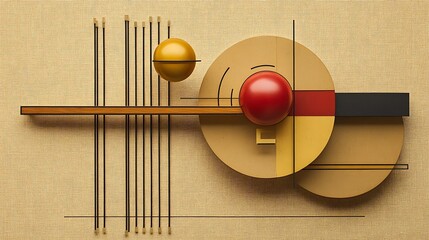 Abstract geometric composition of circles, rectangles, and lines on a beige background