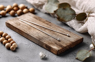 Two slender silver hairpins with small spherical ends rest on a rustic wooden board, accompanied by wooden beads, eucalyptus leaves, and fabric