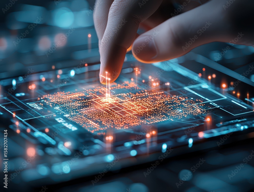 Poster engineer technician hologram concept. futuristic hand interacting with a glowing microchip circuit b