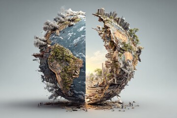 Fototapeta premium World image: chaos and peace on a split globe. Economic shifts. Understanding the new world order through a historical lens. Technological growth. Historical roots.